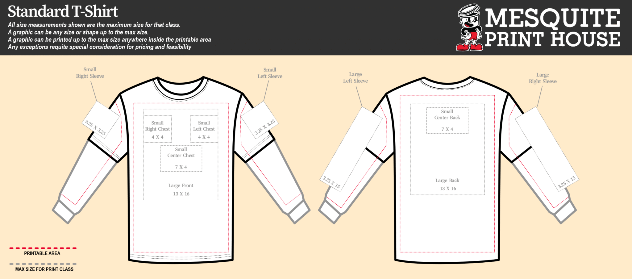 Standard T-shirt screen print locations and maximum print sizes