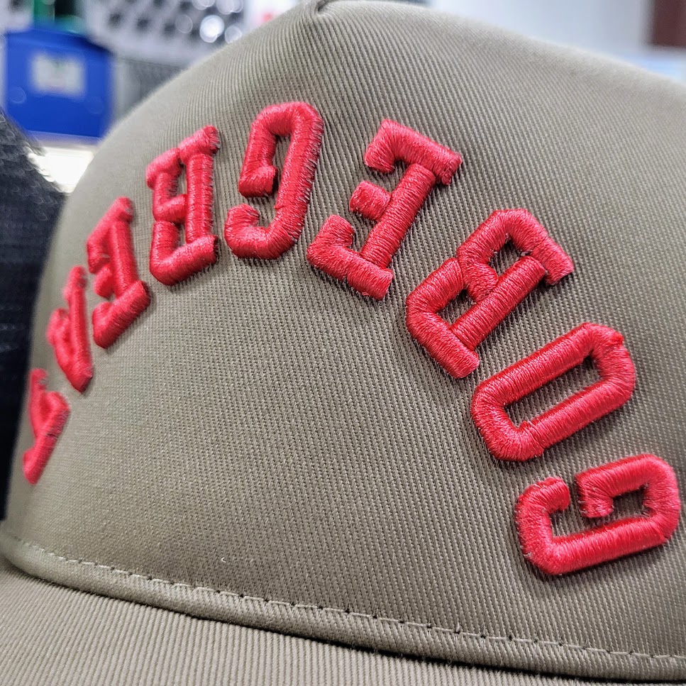 Raised 3D puff embroidery on a cap